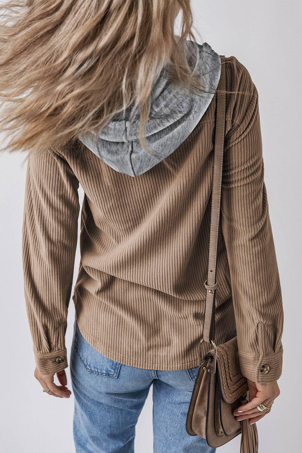 Cord Drawstring Button Up Hooded Shacket
