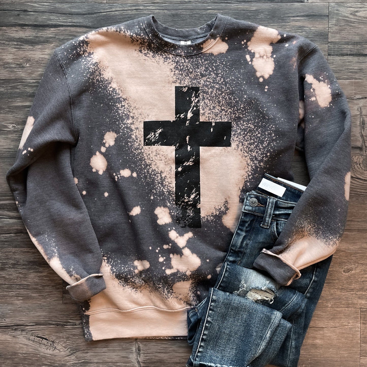 PREORDER: Distressed Cross Bleached Sweatshirt //free ship today // CLOSES 8/28/26
