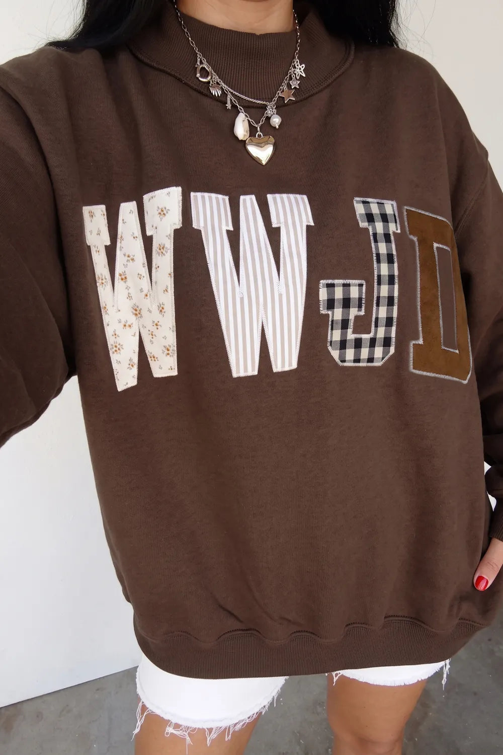 SHIPS FREE TODAY // WWJD Mixed Pattern Embroidered Mock Neck Sweatshirt - Pink OR Brown