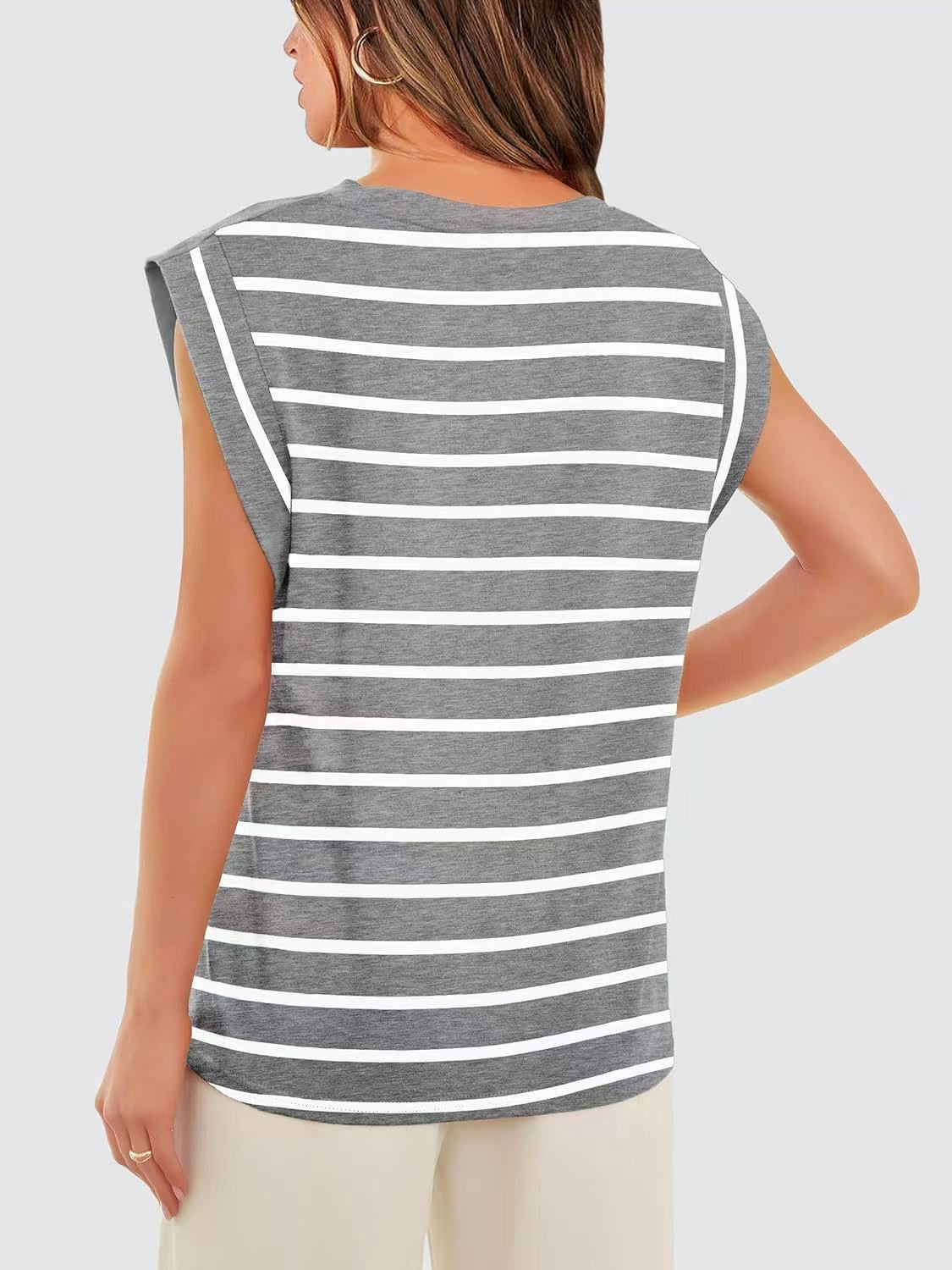 Striped Round Neck Cap Sleeve Top
