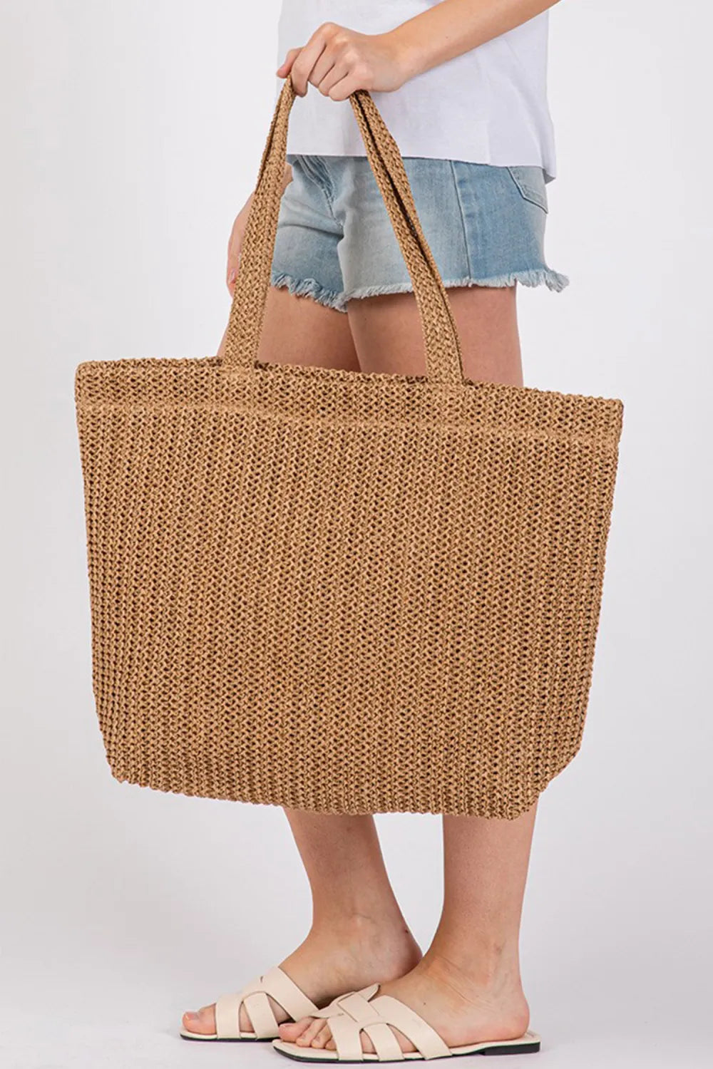 Camel Straw Open Beach Tote