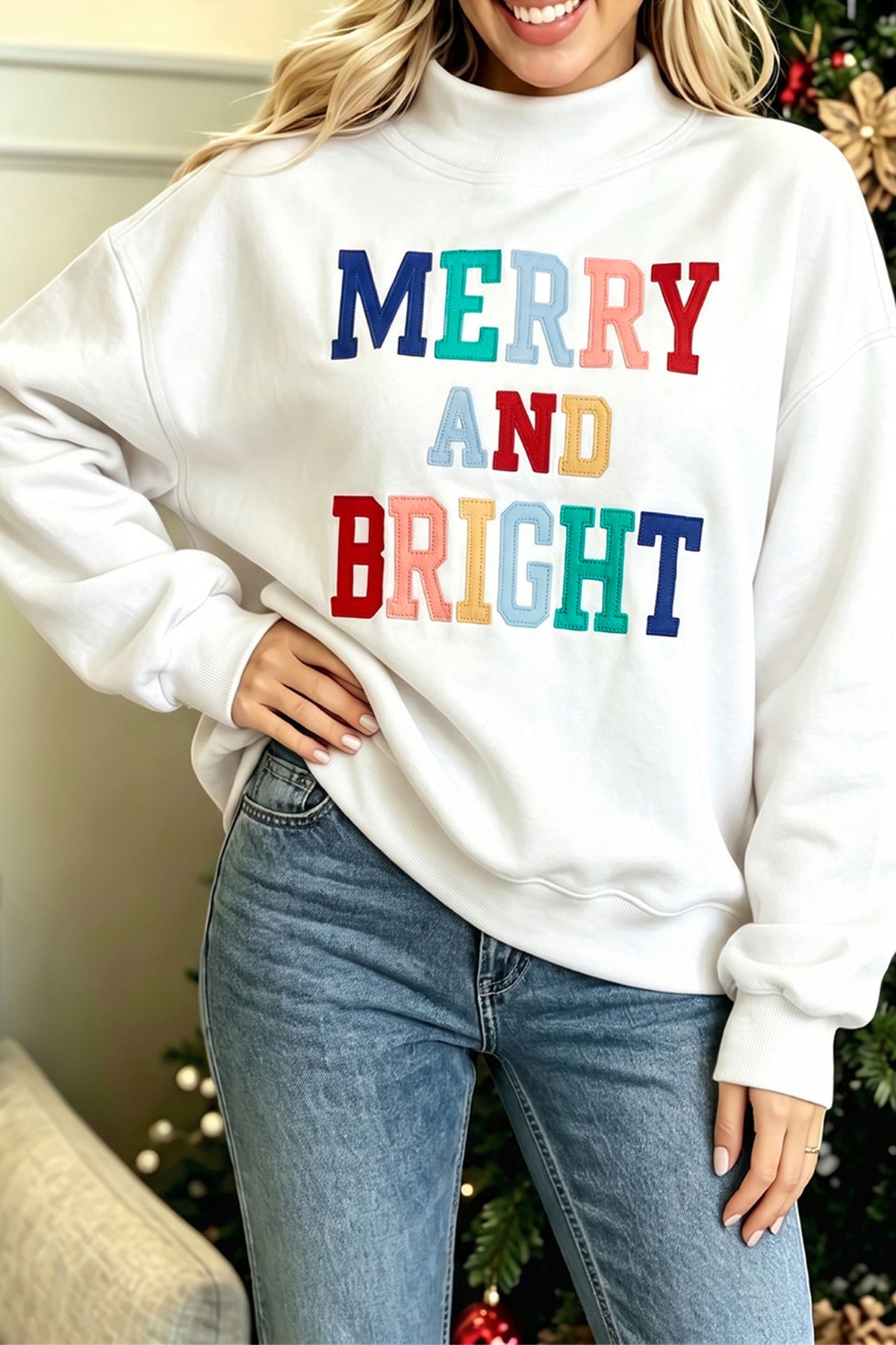 White MERRY AND BRIGHT Stitched Letter Mock Neck Sweatshirt