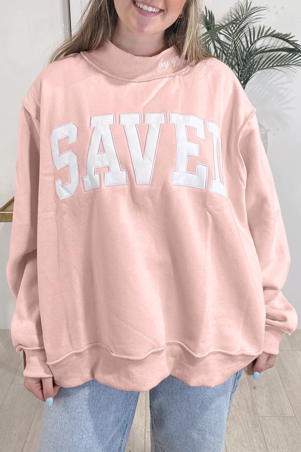 PREORDER: // Saved by Grace Embroidered Mock Neck Sweatshirt in Pink // ETA Sept-Oct