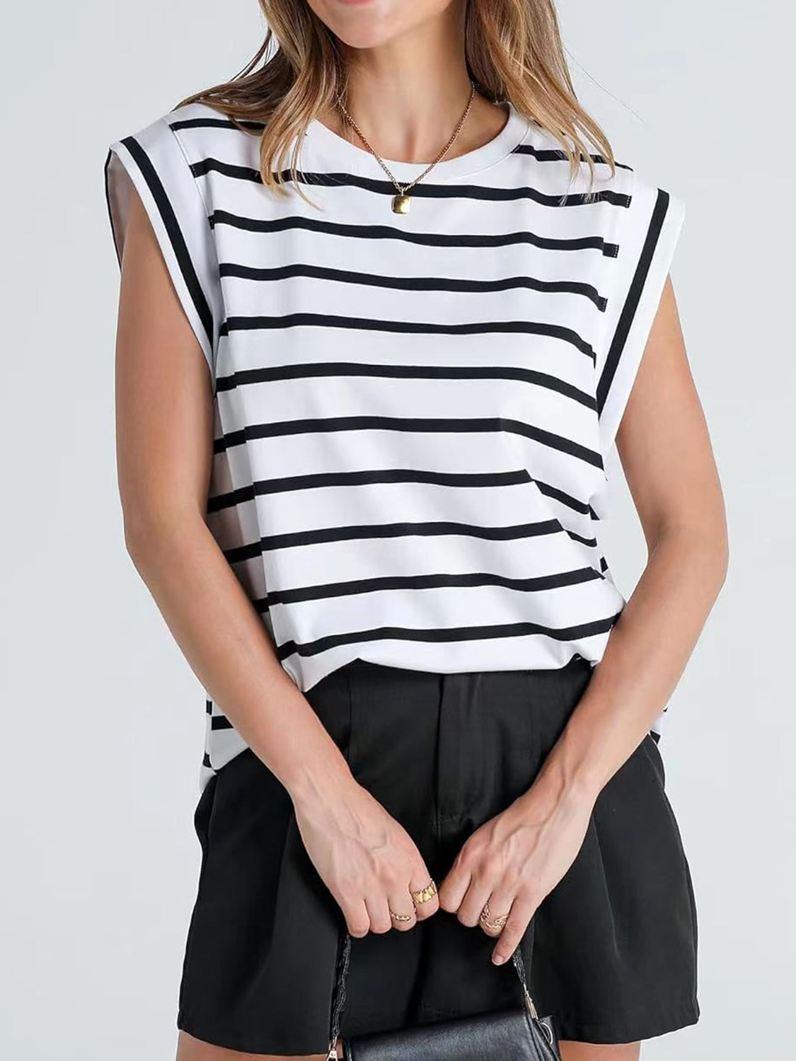 Striped Round Neck Cap Sleeve Top