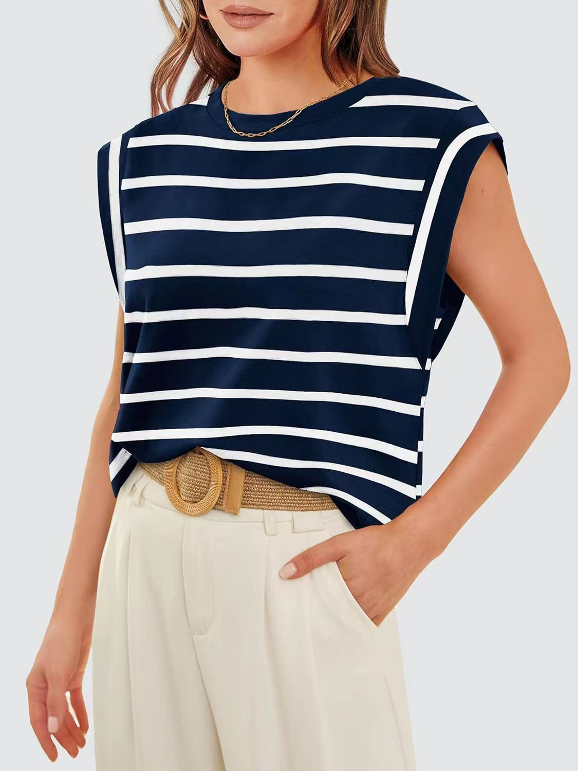 Striped Round Neck Cap Sleeve Top