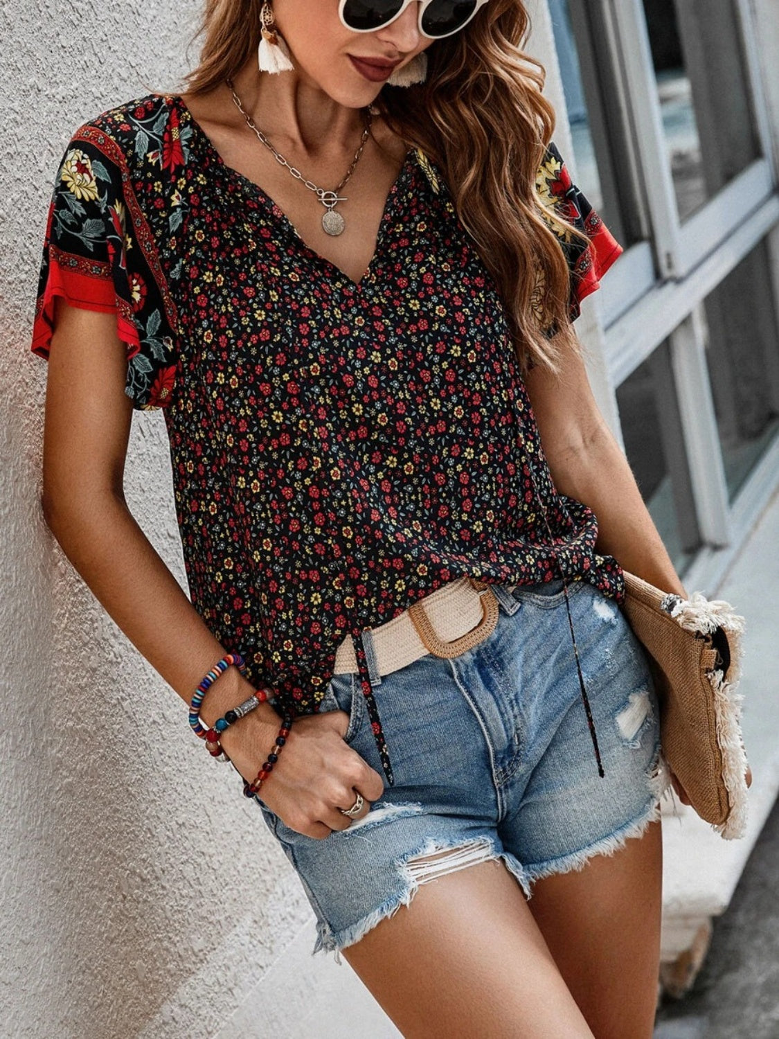 Zen Printed Tie Neck Blouse