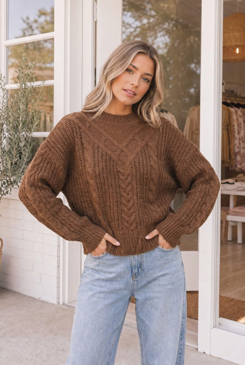 October Kiss Cable Knit Sweater in Warm Mocha
