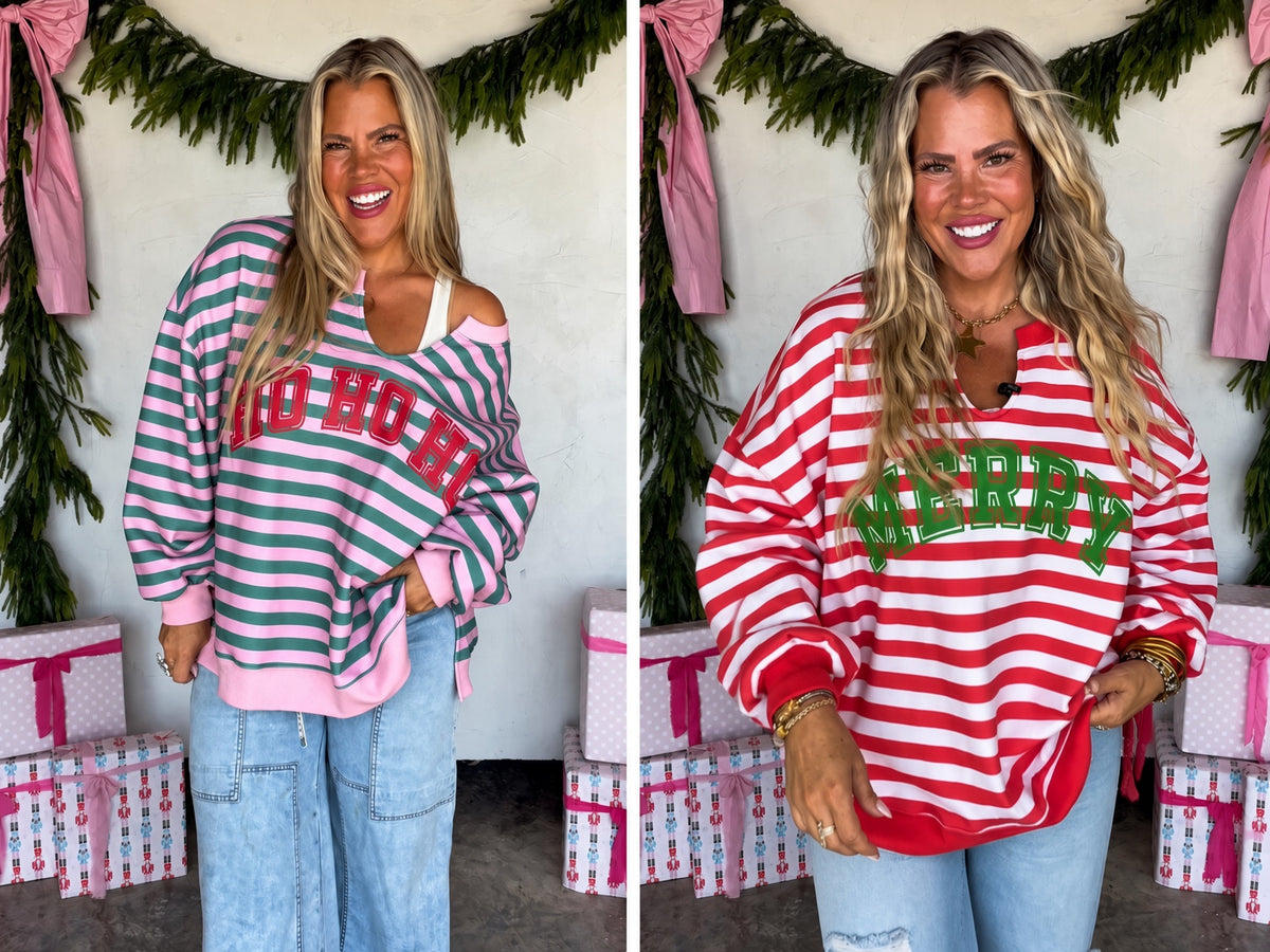 PREORDER: HoHoHo & Red Striped Merry Oversized Pullover // ETA Oct - early Nov