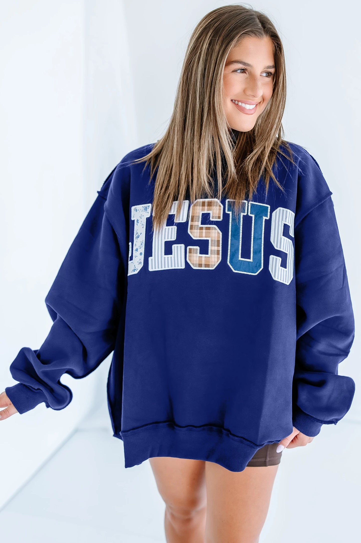 PREORDER: // Jesus Mixed Pattern Applique Mock Neck Sweatshirt // ETA October