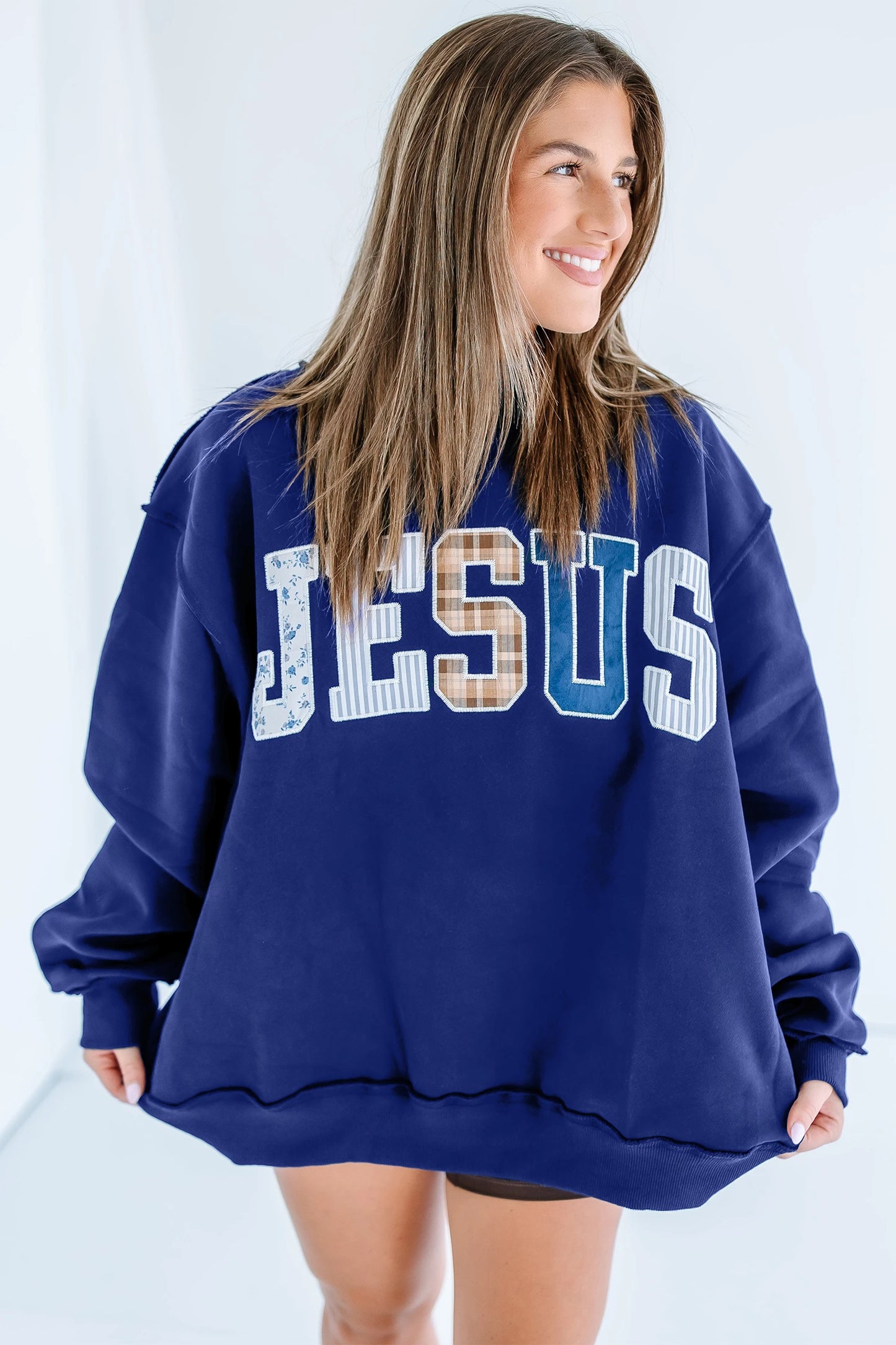 PREORDER: // Jesus Mixed Pattern Applique Mock Neck Sweatshirt // ETA October
