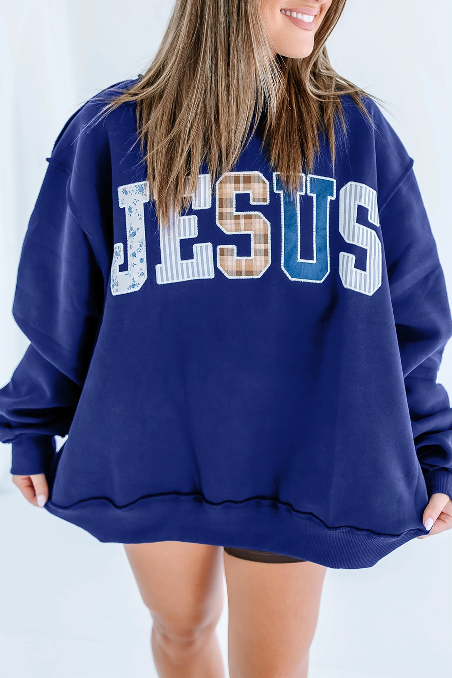 PREORDER: // Jesus Mixed Pattern Applique Mock Neck Sweatshirt // ETA October