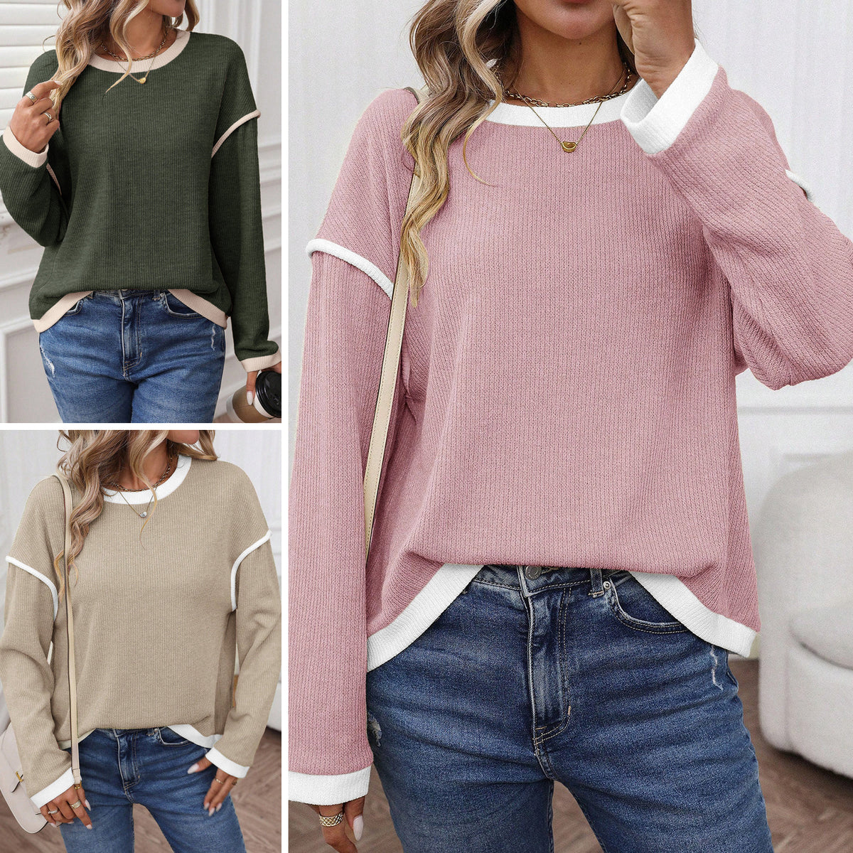 Light Pink Contrast Color Trim Knit Drop Shoulder Loose Top - FULL SIZE RUN
