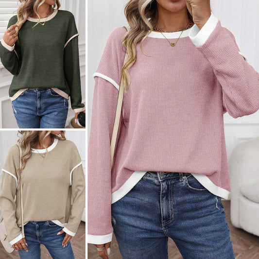 Light Pink Contrast Color Trim Knit Drop Shoulder Loose Top - FULL SIZE RUN