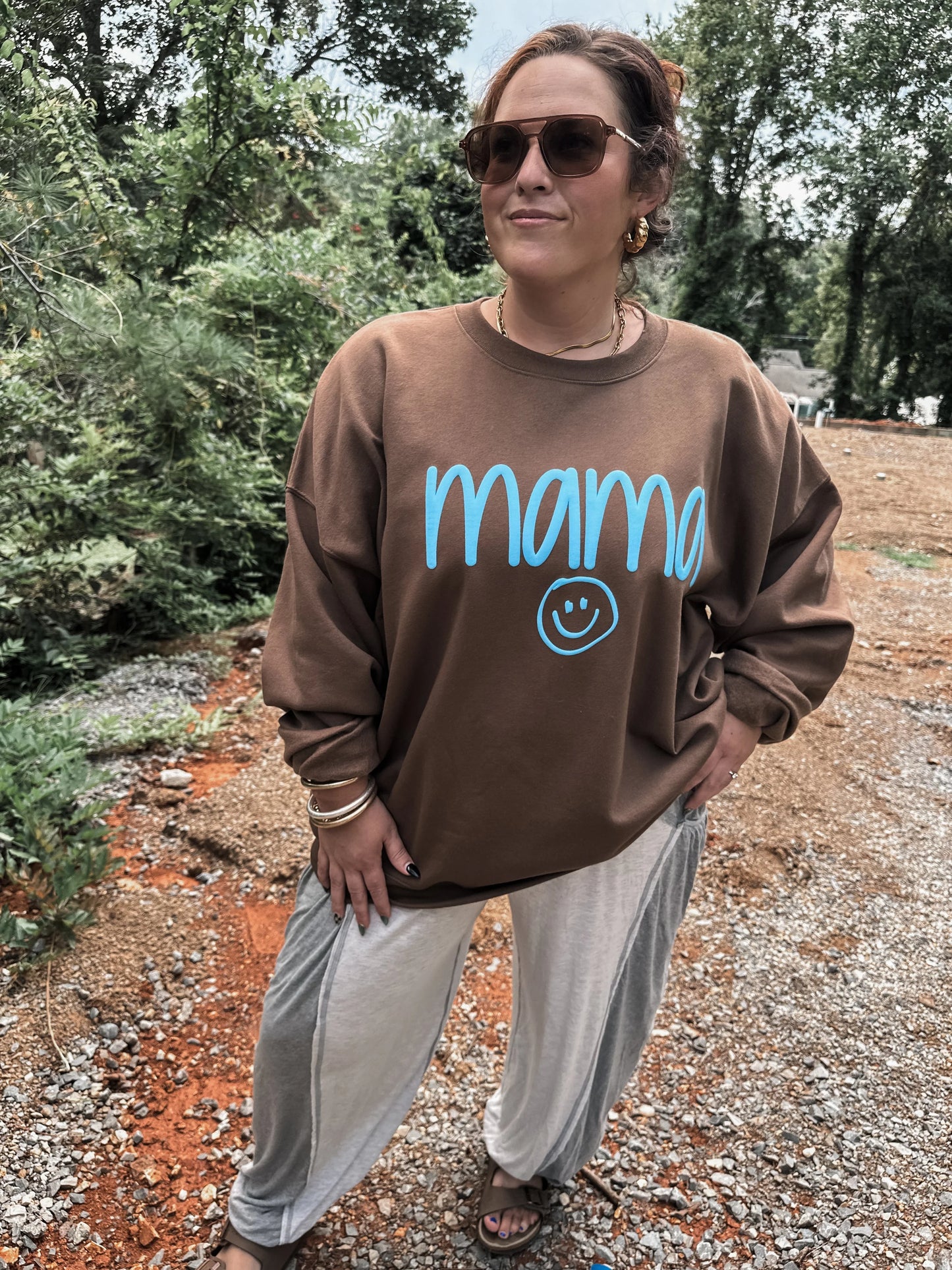 PREORDER: MAMA smiley blue puff- brown sweatshirt // ships in 1-2 weeks