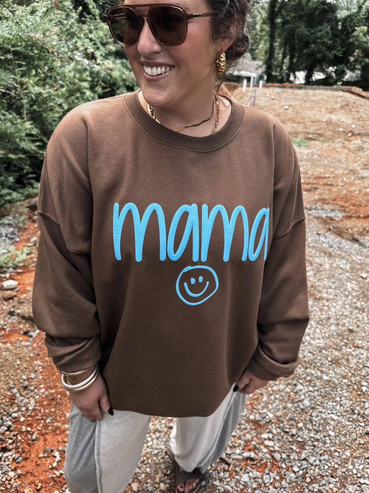 PREORDER: MAMA smiley blue puff- brown sweatshirt // ships in 1-2 weeks