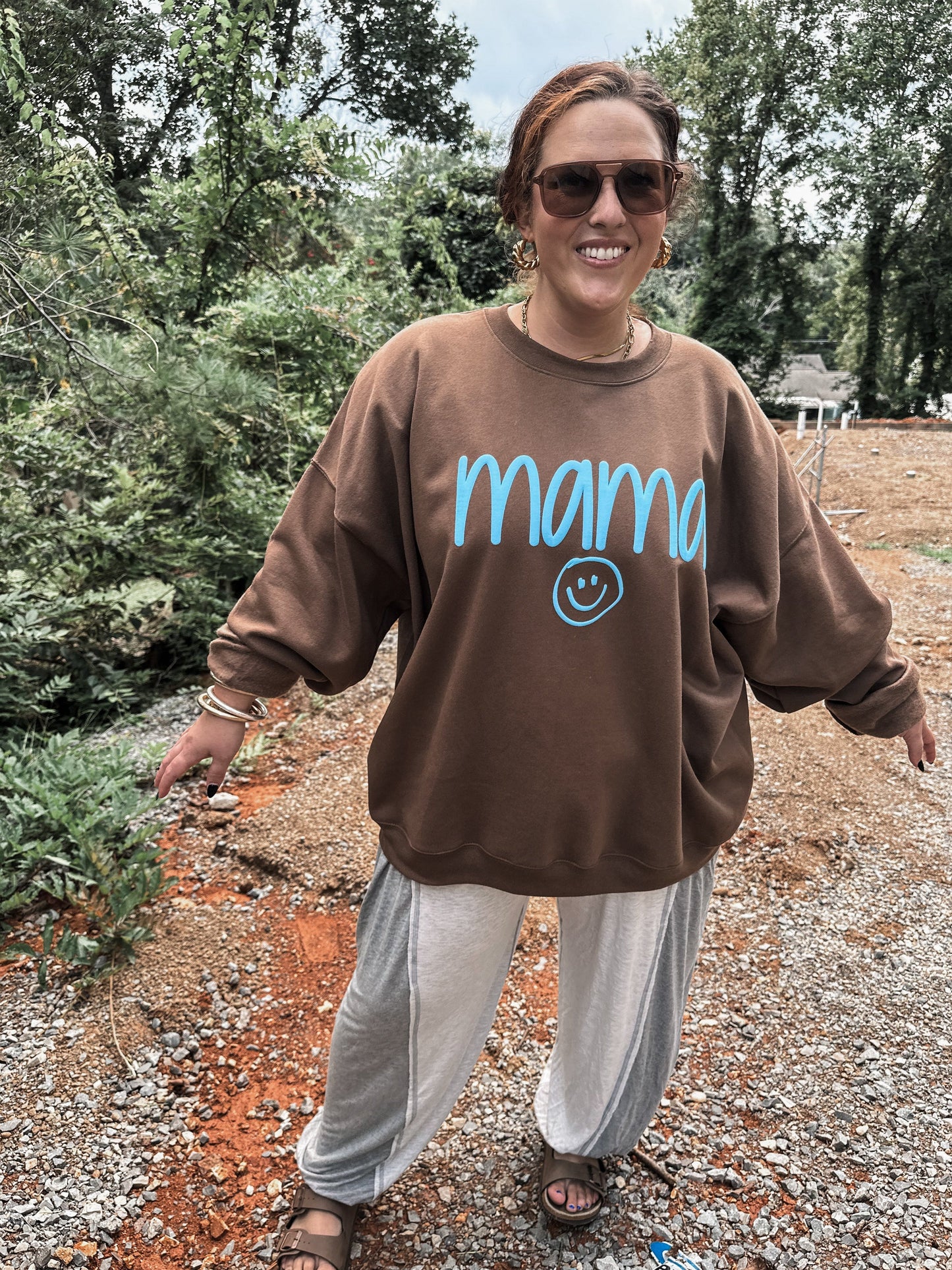 PREORDER: MAMA smiley blue puff- brown sweatshirt // ships in 1-2 weeks