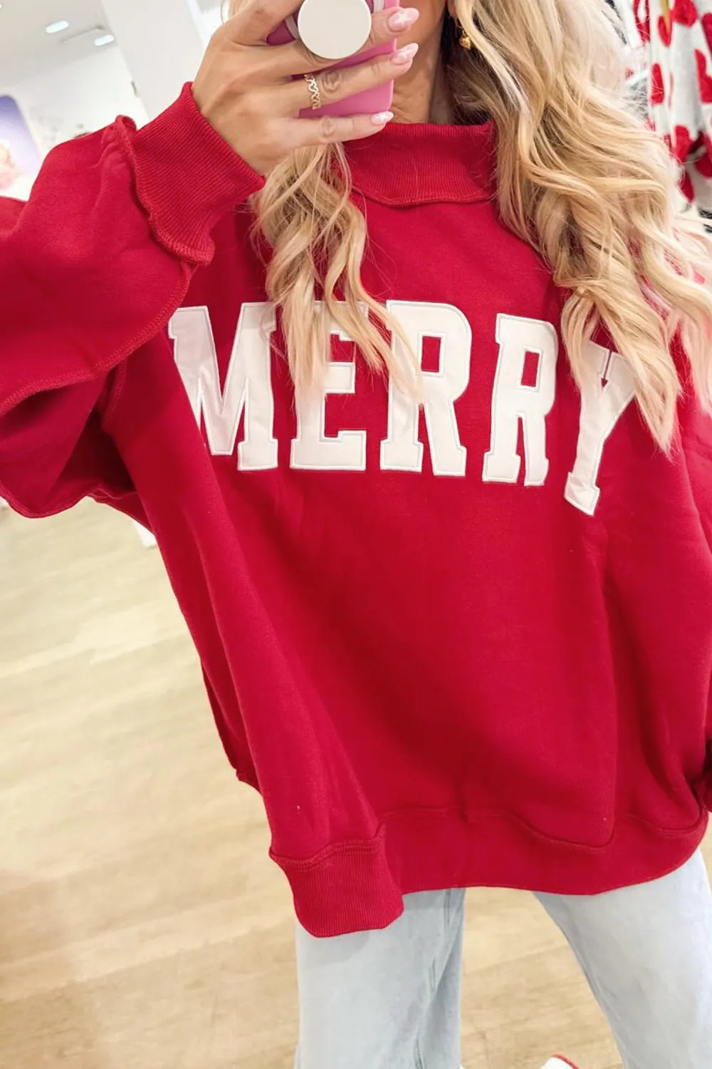 Fiery Red MERRY Embroidered Letter High Neck Tunic Pullover Sweatshirt