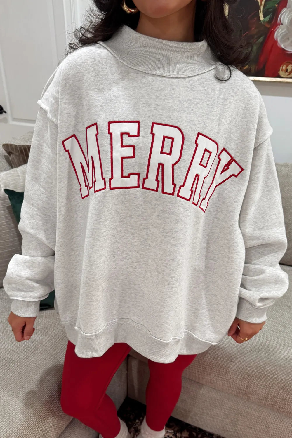Gray MERRY Embroidered Letter High Neck Tunic Pullover Sweatshirt