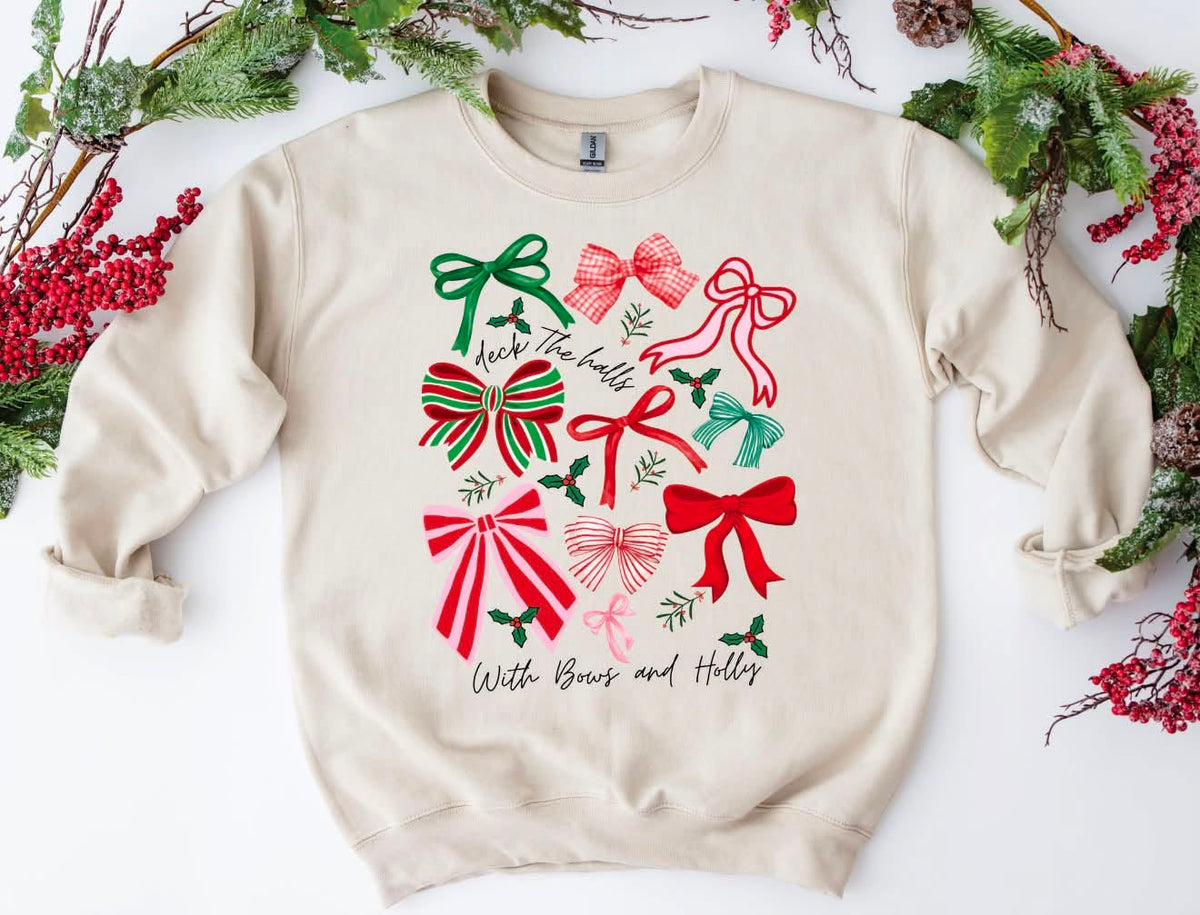 Deck the Halls Bows & Holly Tee/Sweatshirt in Tan