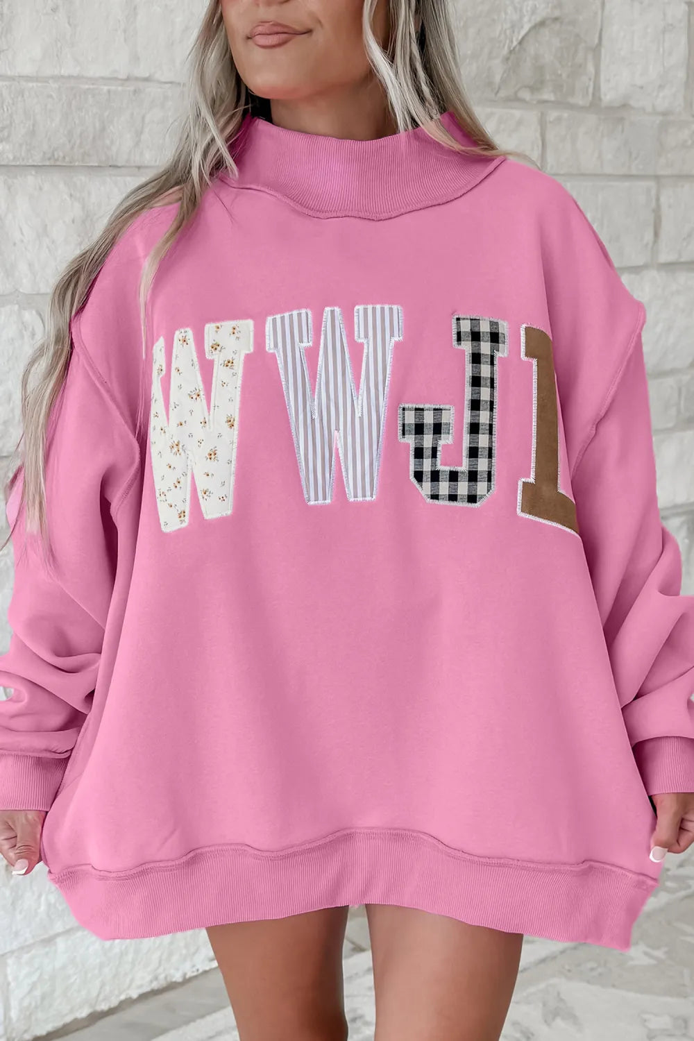 SHIPS FREE TODAY // WWJD Mixed Pattern Embroidered Mock Neck Sweatshirt - Pink OR Brown