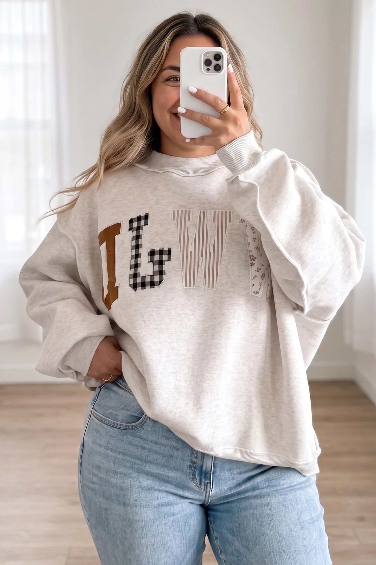 SHIPS FREE TODAY // WWJD Mixed Pattern Embroidered Mock Neck Sweatshirt - Gray