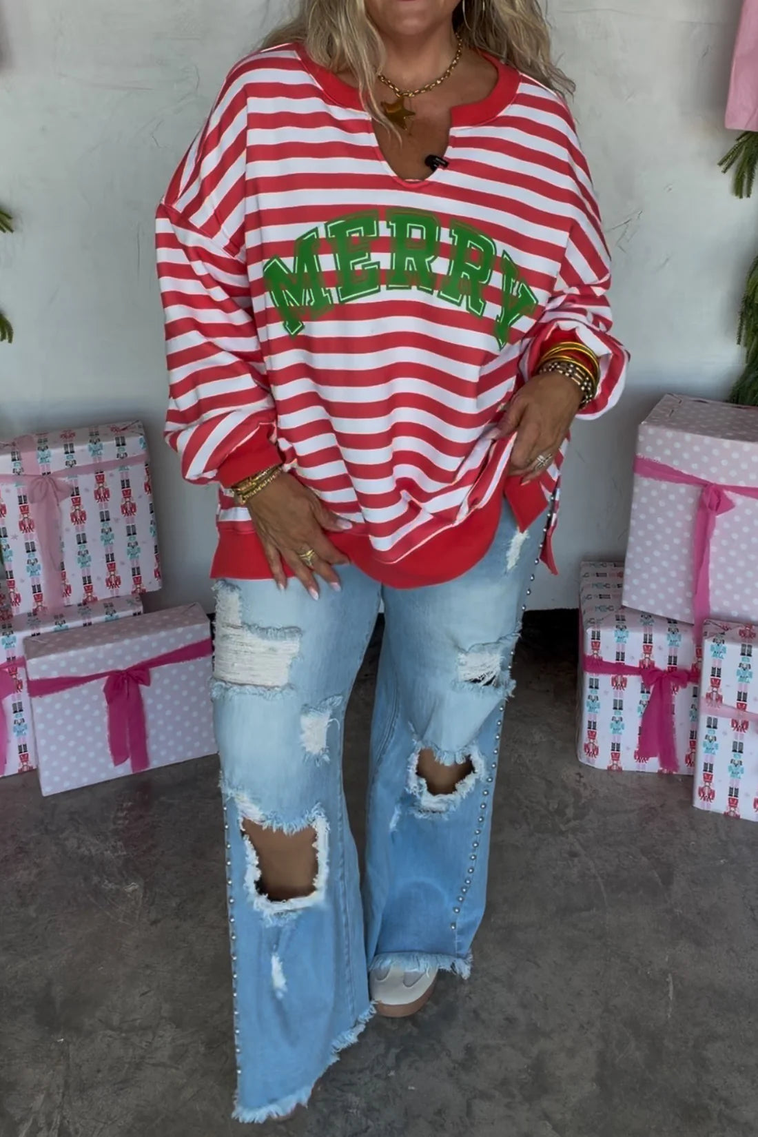 PREORDER: HoHoHo & Red Striped Merry Oversized Pullover // ETA Oct - early Nov