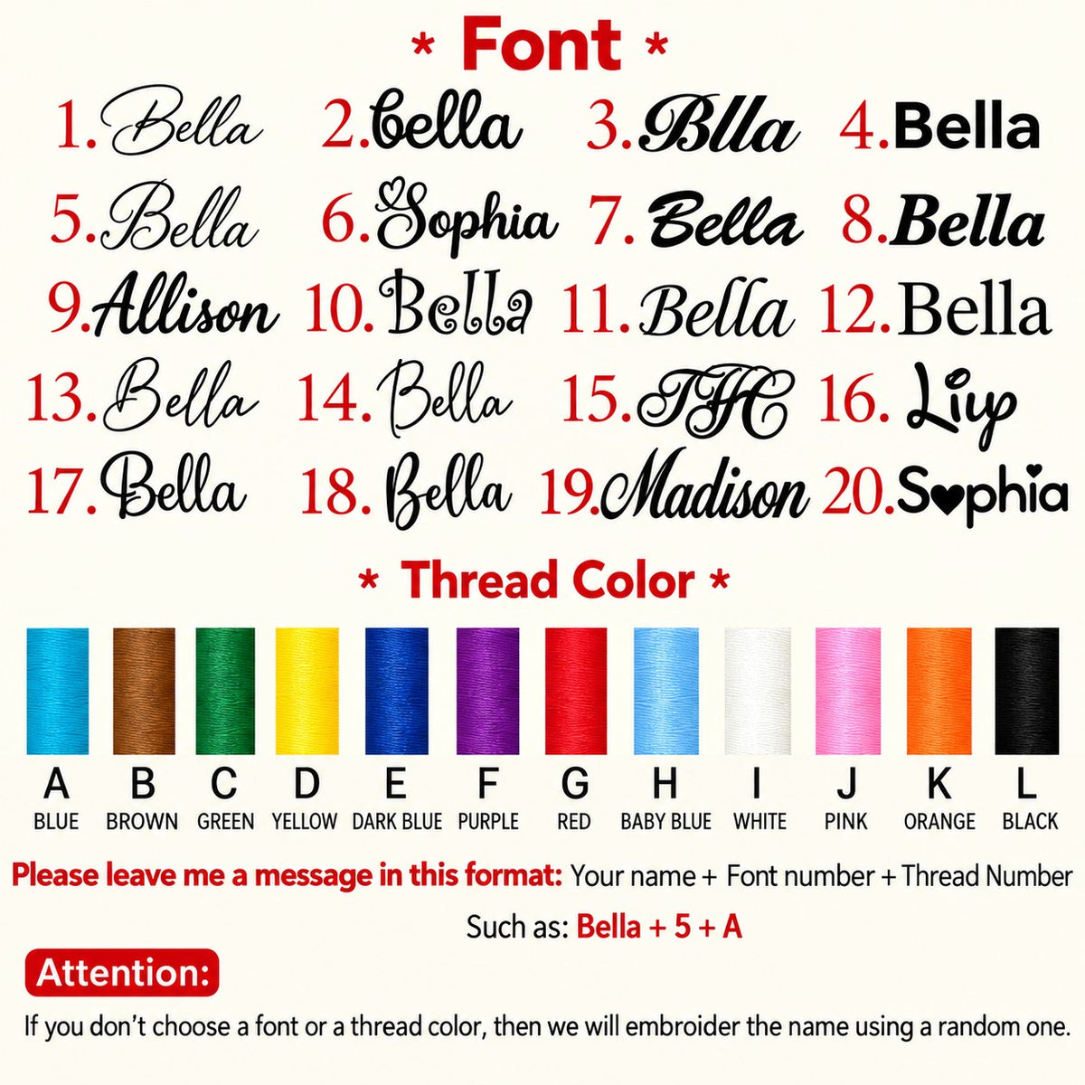 Font and thread color chart: fonts 1-20, thread colors A-L