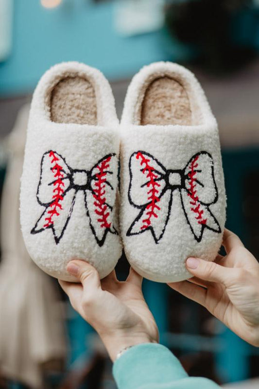 FLASH DEAL // Baseball Bow Fuzzy Slippers // SHIPS IN 1-2 WEEKS