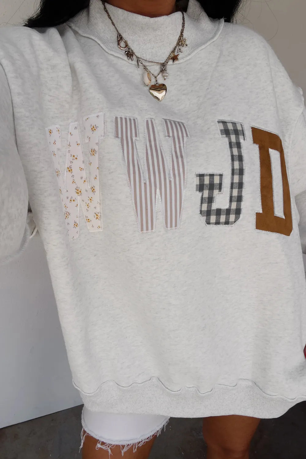 SHIPS FREE TODAY // WWJD Mixed Pattern Embroidered Mock Neck Sweatshirt - Gray
