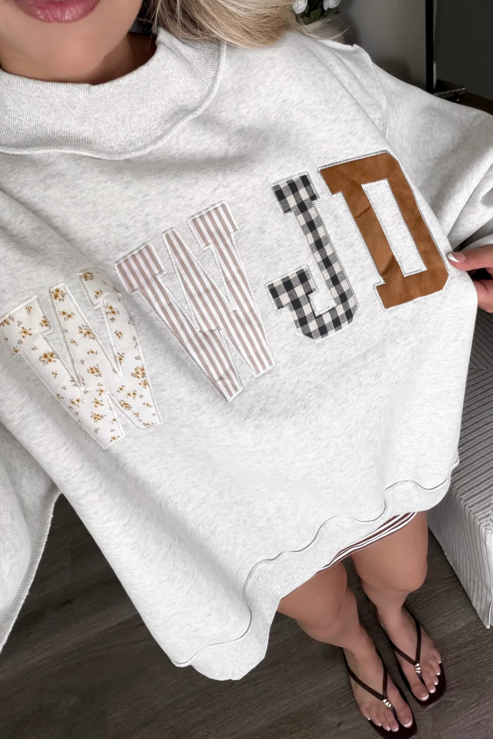 SHIPS FREE TODAY // WWJD Mixed Pattern Embroidered Mock Neck Sweatshirt - Gray