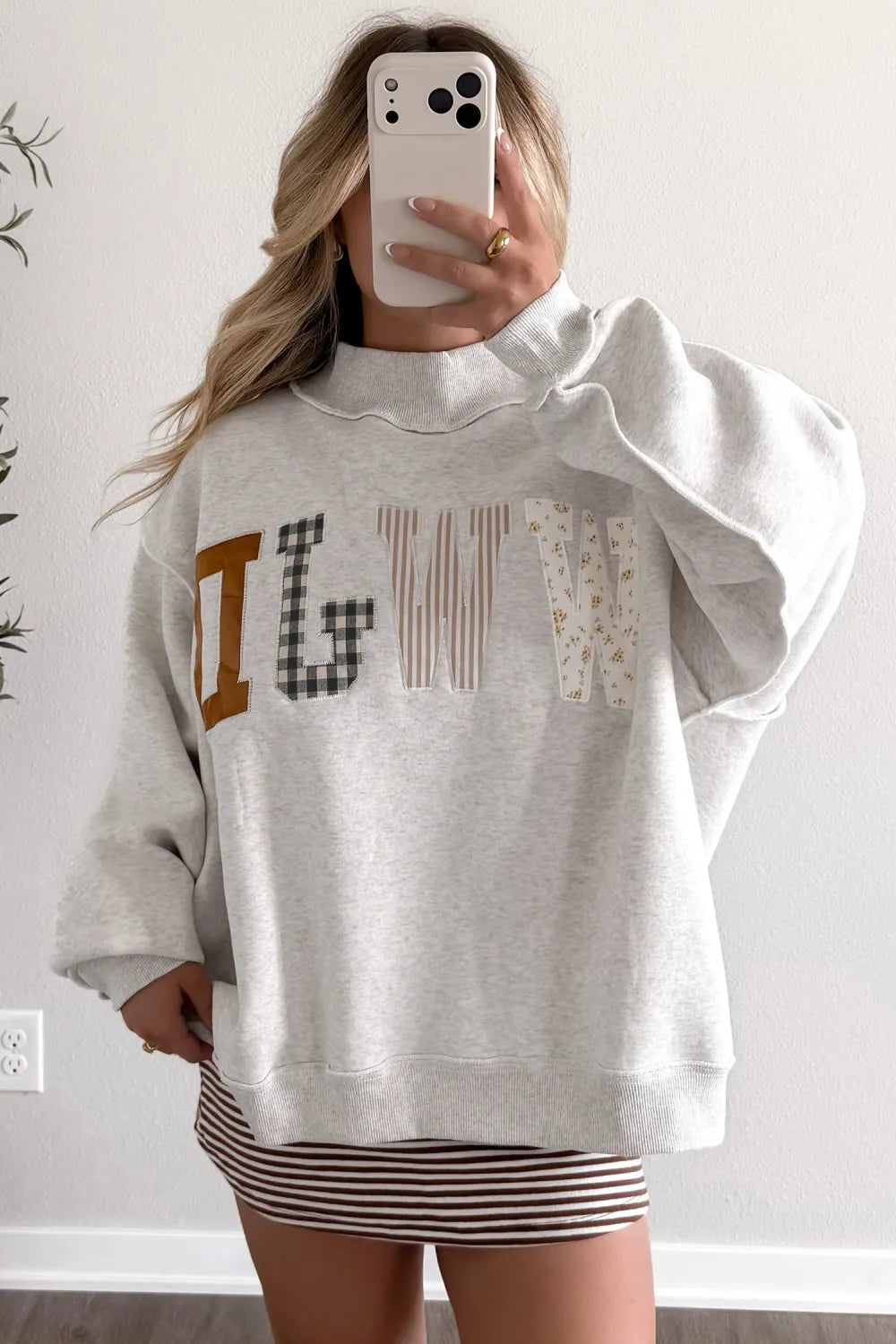 SHIPS FREE TODAY // WWJD Mixed Pattern Embroidered Mock Neck Sweatshirt - Gray