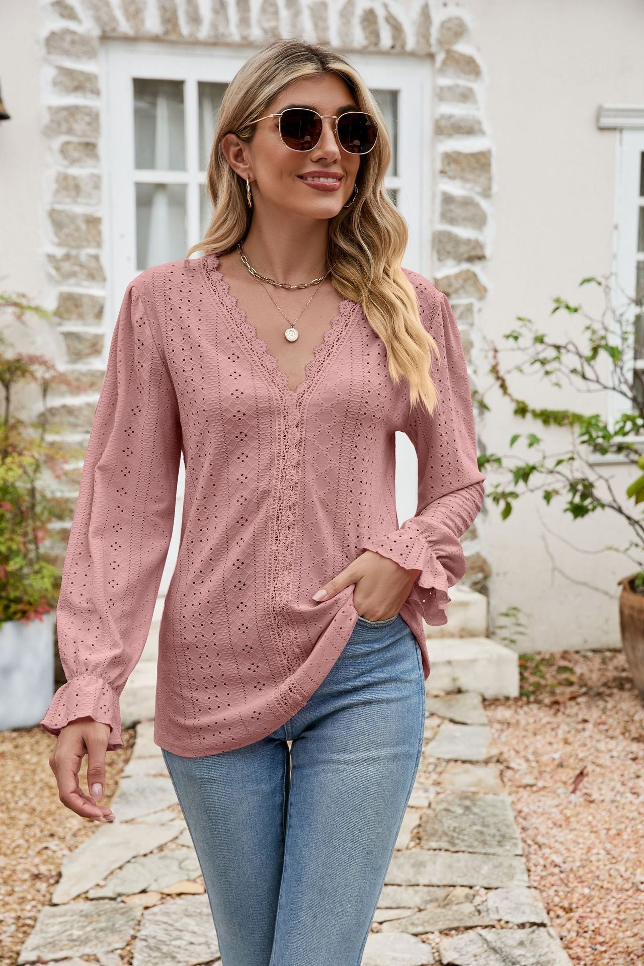 Eyelet Lace Long Sleeve Top