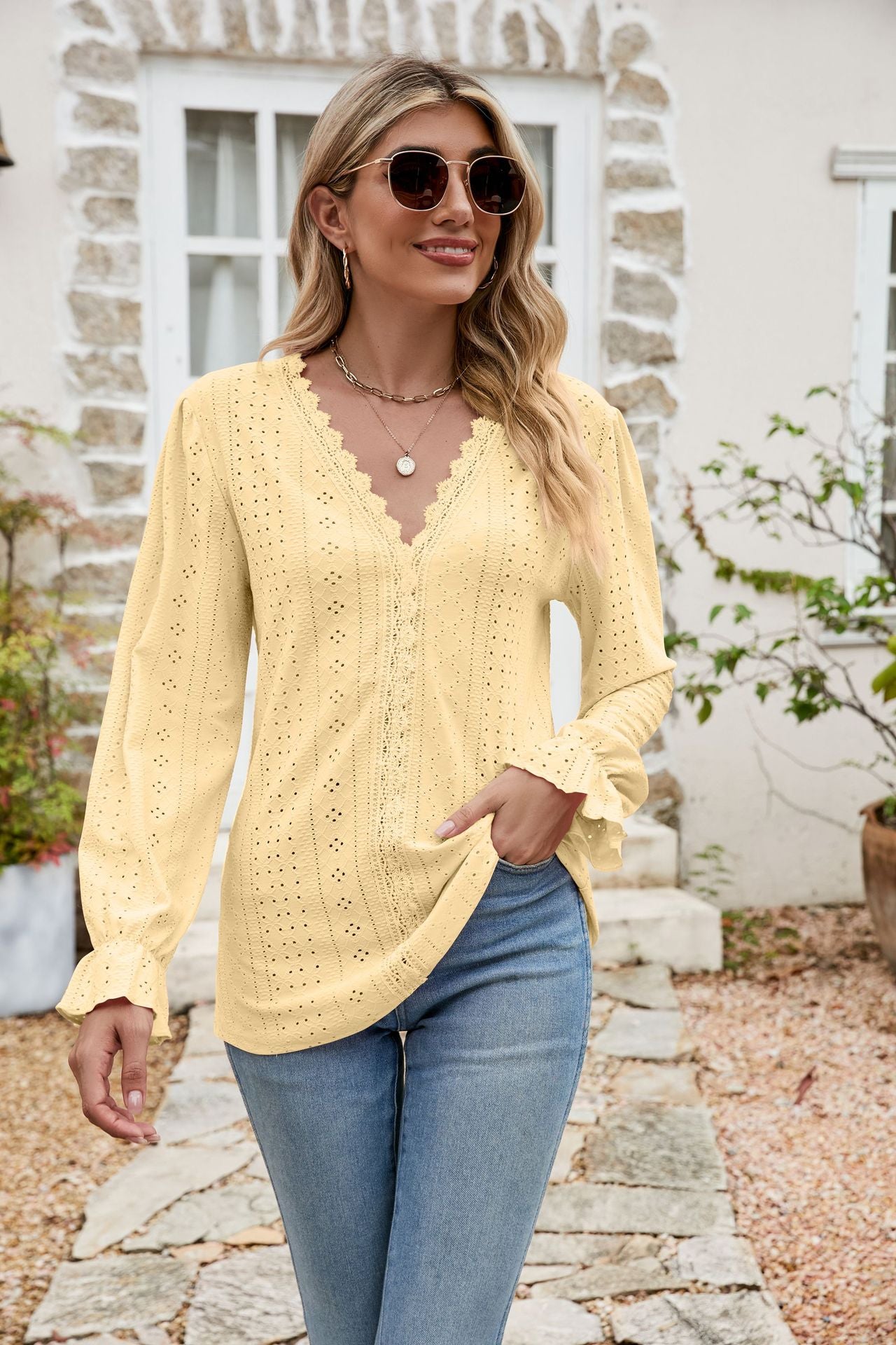 Eyelet Lace Long Sleeve Top