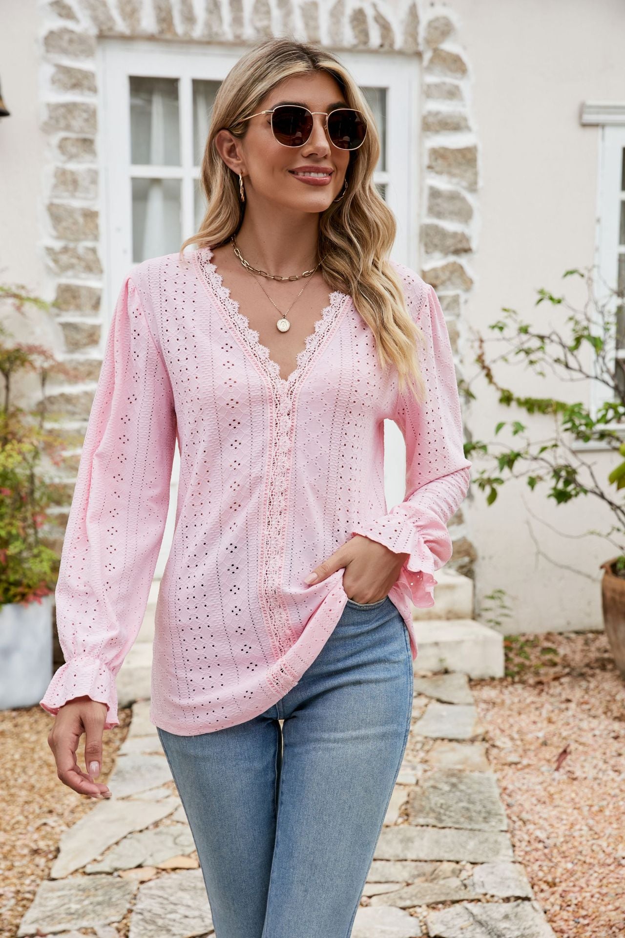 Eyelet Lace Long Sleeve Top