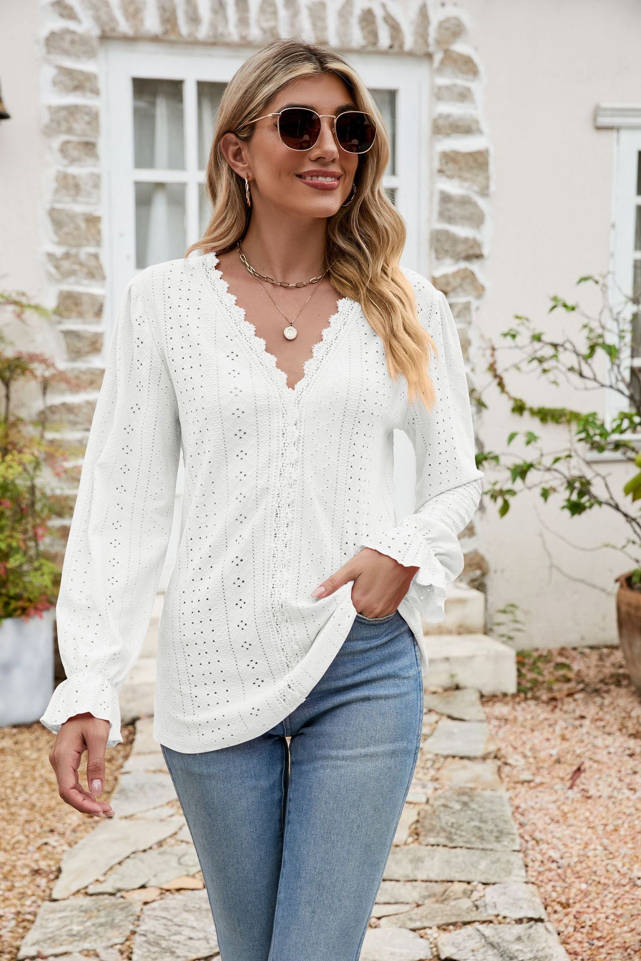 Eyelet Lace Long Sleeve Top